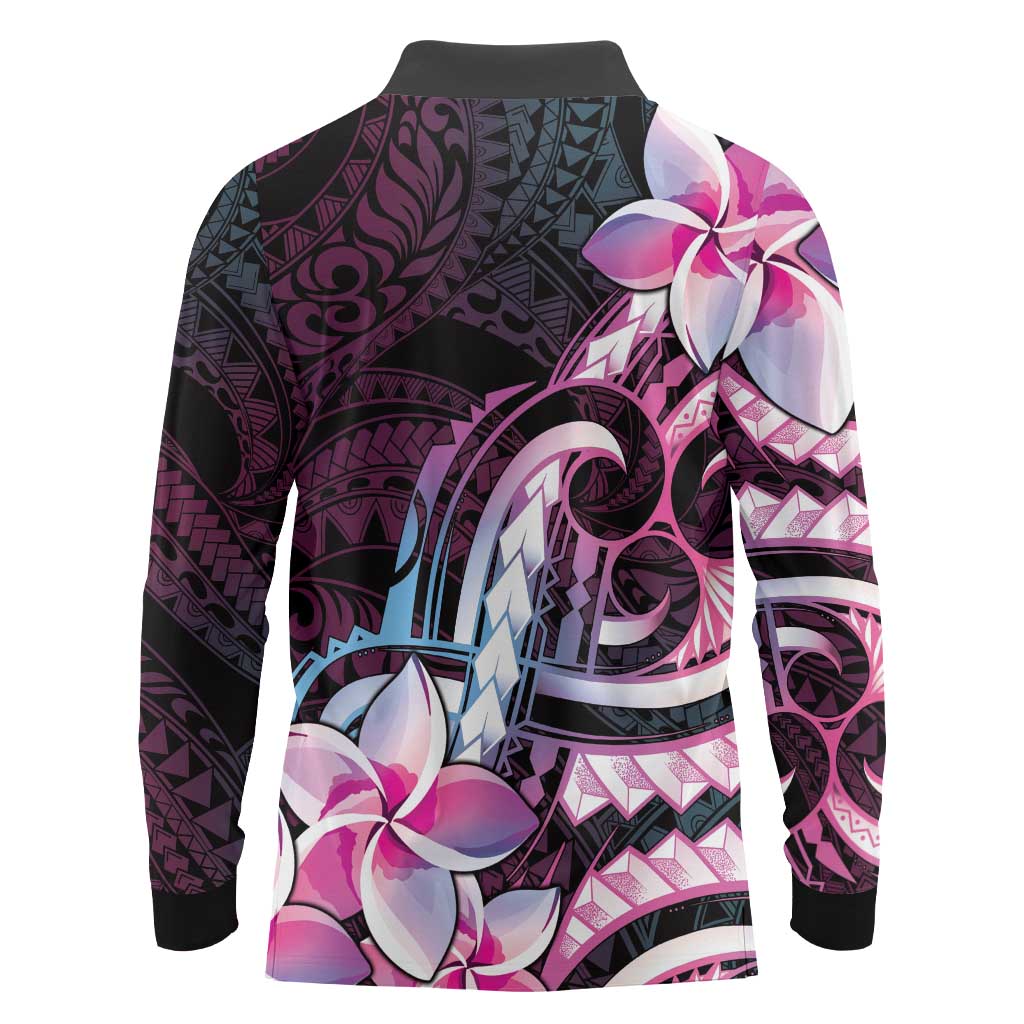 Polynesian Art Tattoo Long Sleeve Polo Shirt Plumeria Flowers Pink Gradient