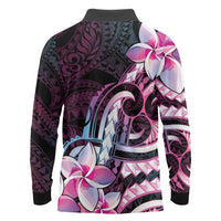 Polynesian Art Tattoo Long Sleeve Polo Shirt Plumeria Flowers Pink Gradient