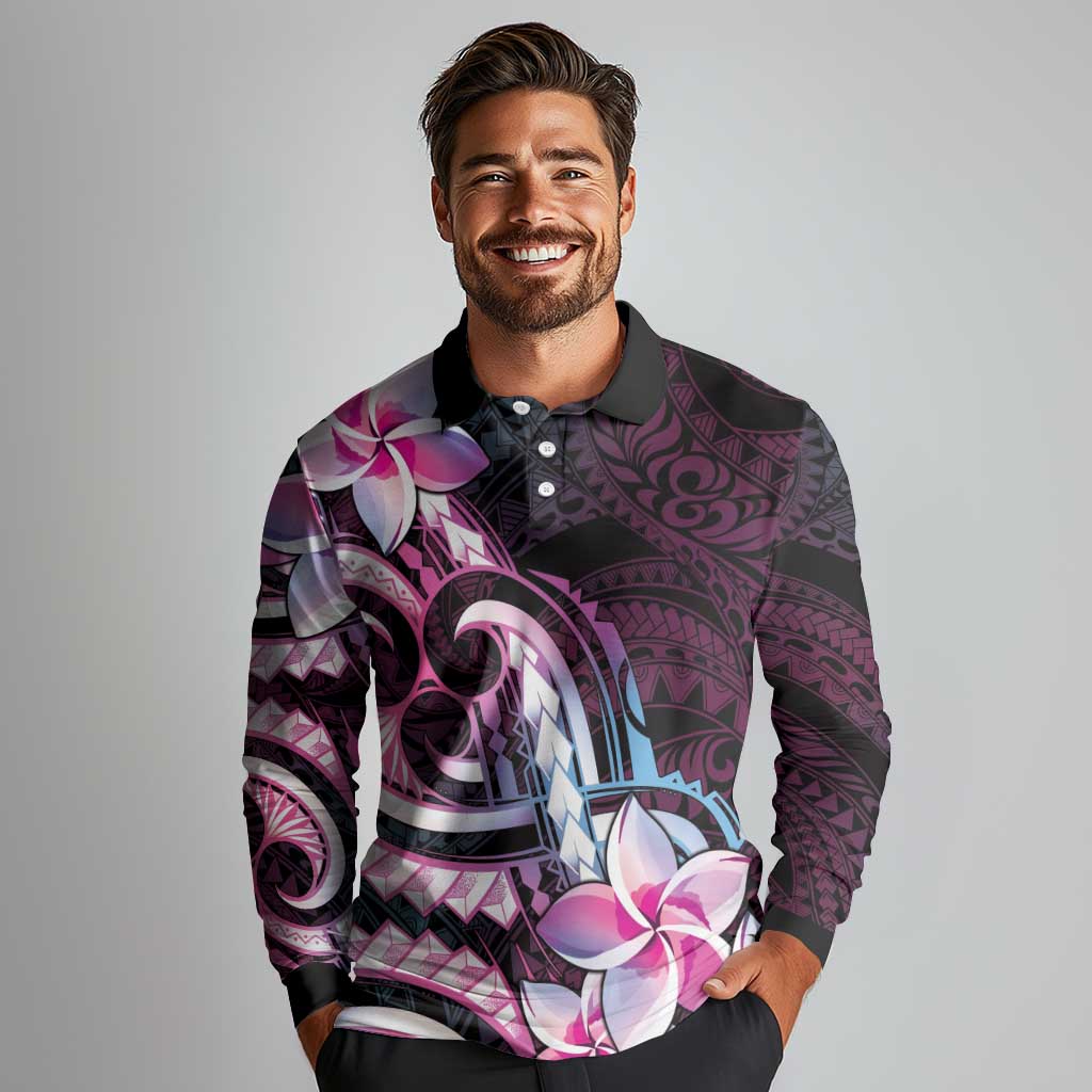 Polynesian Art Tattoo Long Sleeve Polo Shirt Plumeria Flowers Pink Gradient