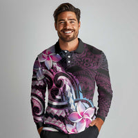 Polynesian Art Tattoo Long Sleeve Polo Shirt Plumeria Flowers Pink Gradient