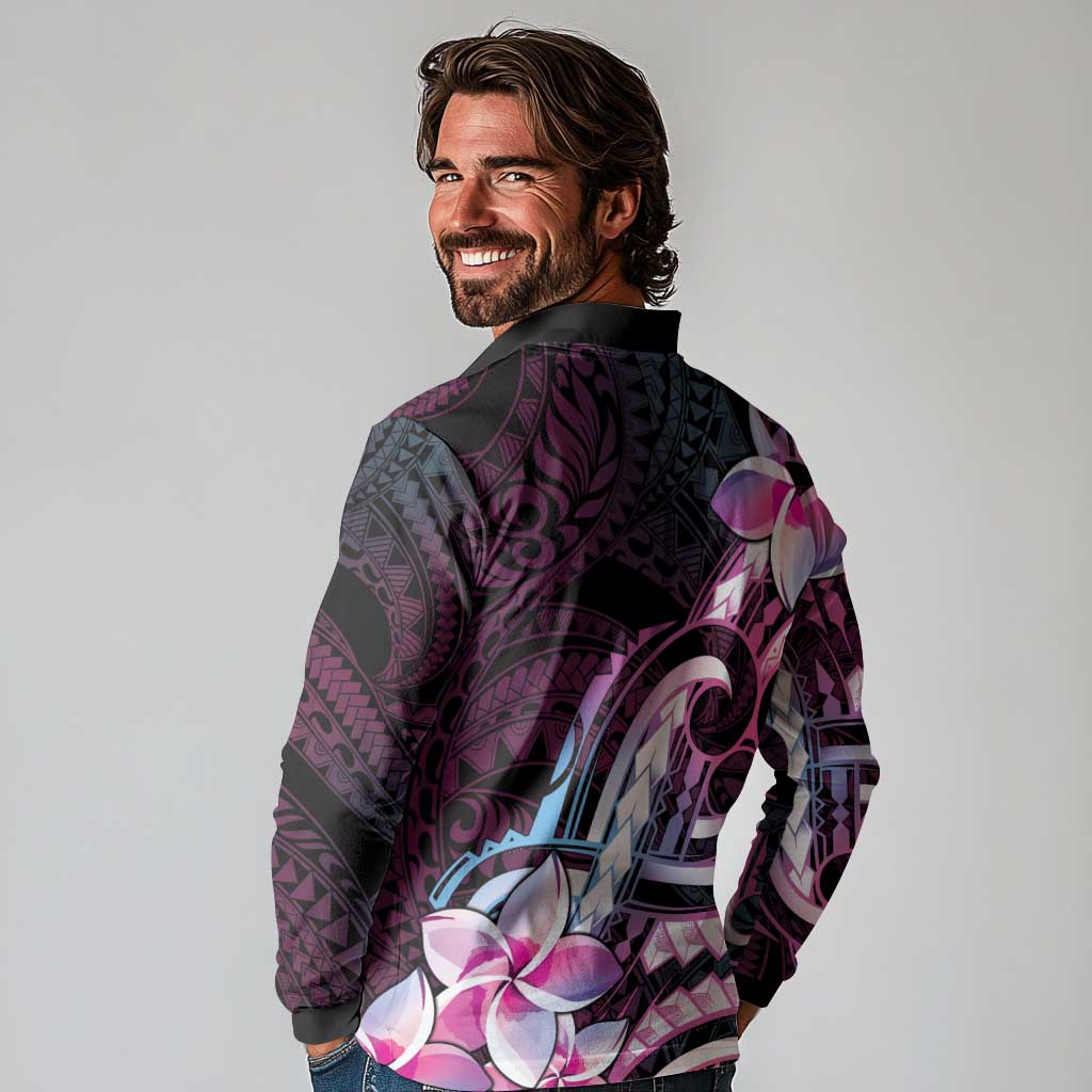 Polynesian Art Tattoo Long Sleeve Polo Shirt Plumeria Flowers Pink Gradient
