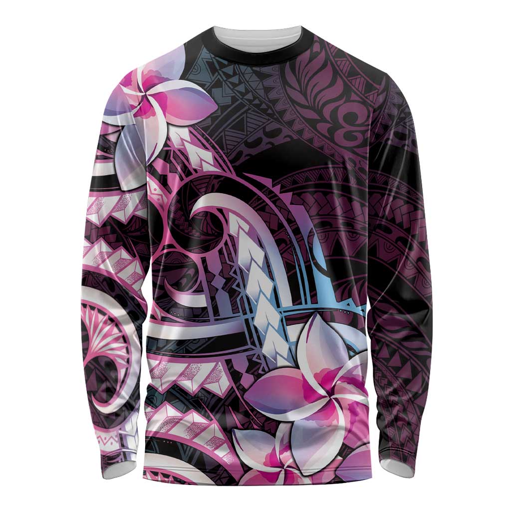 Polynesian Art Tattoo Long Sleeve Shirt Plumeria Flowers Pink Gradient LT05 Unisex Pink - Polynesian Pride