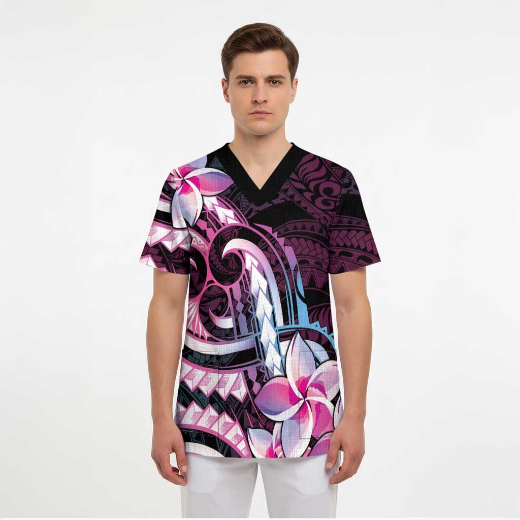 Polynesian Art Tattoo Scrub Top Plumeria Flowers Pink Gradient LT05 - Polynesian Pride