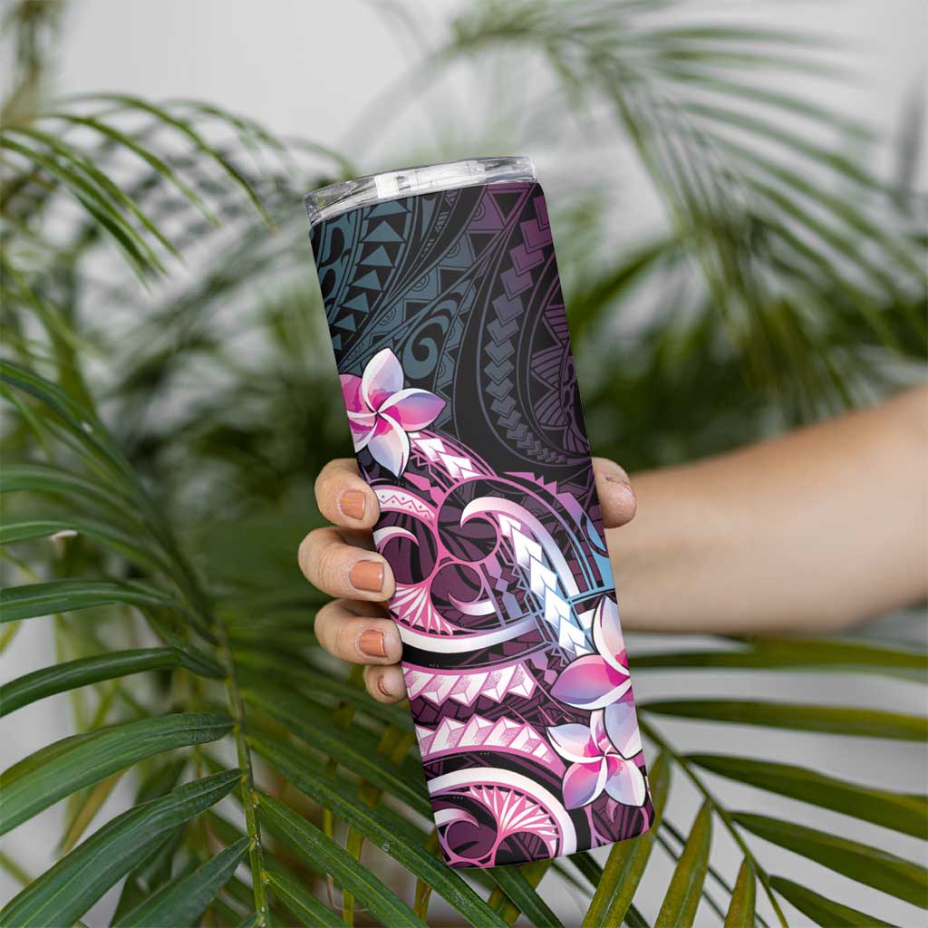 Polynesian Art Tattoo Skinny Tumbler Plumeria Flowers Pink Gradient