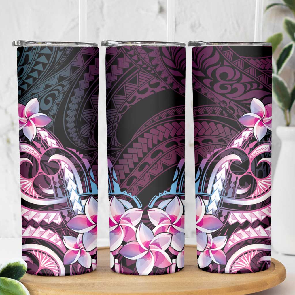 Polynesian Art Tattoo Skinny Tumbler Plumeria Flowers Pink Gradient