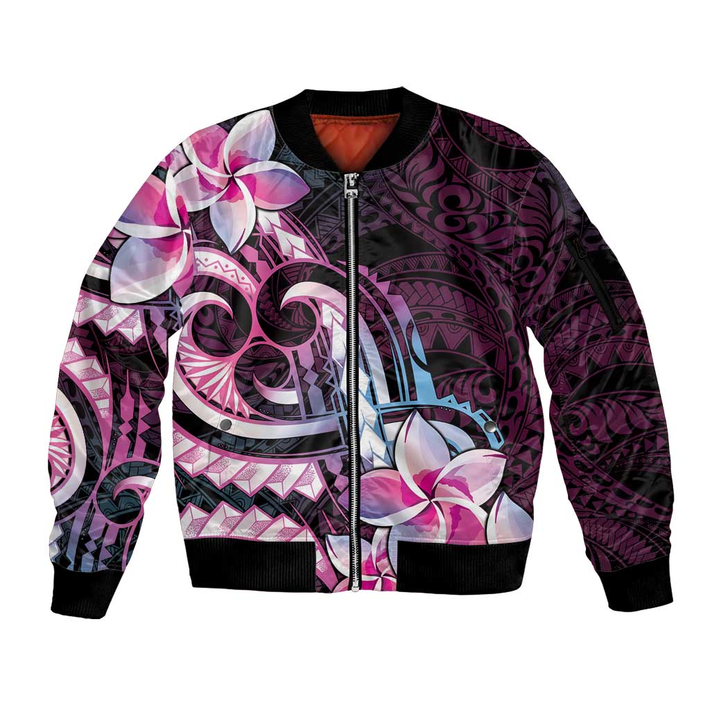 Polynesian Art Tattoo Sleeve Zip Bomber Jacket Plumeria Flowers Pink Gradient
