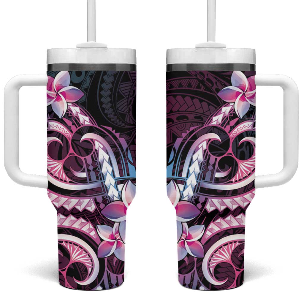Polynesian Art Tattoo Tumbler With Handle Plumeria Flowers Pink Gradient LT05 One Size: 40 oz Pink - Polynesian Pride