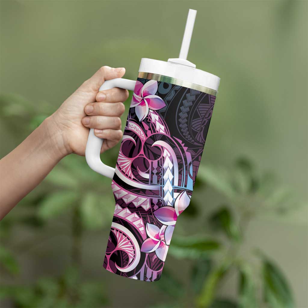 Polynesian Art Tattoo Tumbler With Handle Plumeria Flowers Pink Gradient LT05 - Polynesian Pride