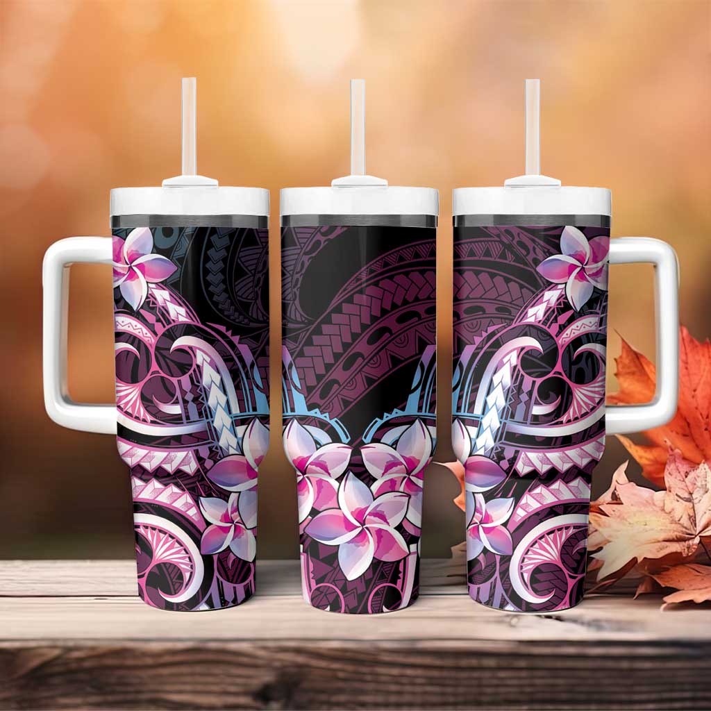Polynesian Art Tattoo Tumbler With Handle Plumeria Flowers Pink Gradient LT05 - Polynesian Pride