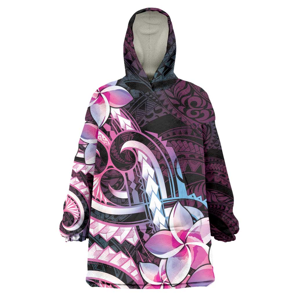 Polynesian Art Tattoo Wearable Blanket Hoodie Plumeria Flowers Pink Gradient LT05 One Size Pink - Polynesian Pride