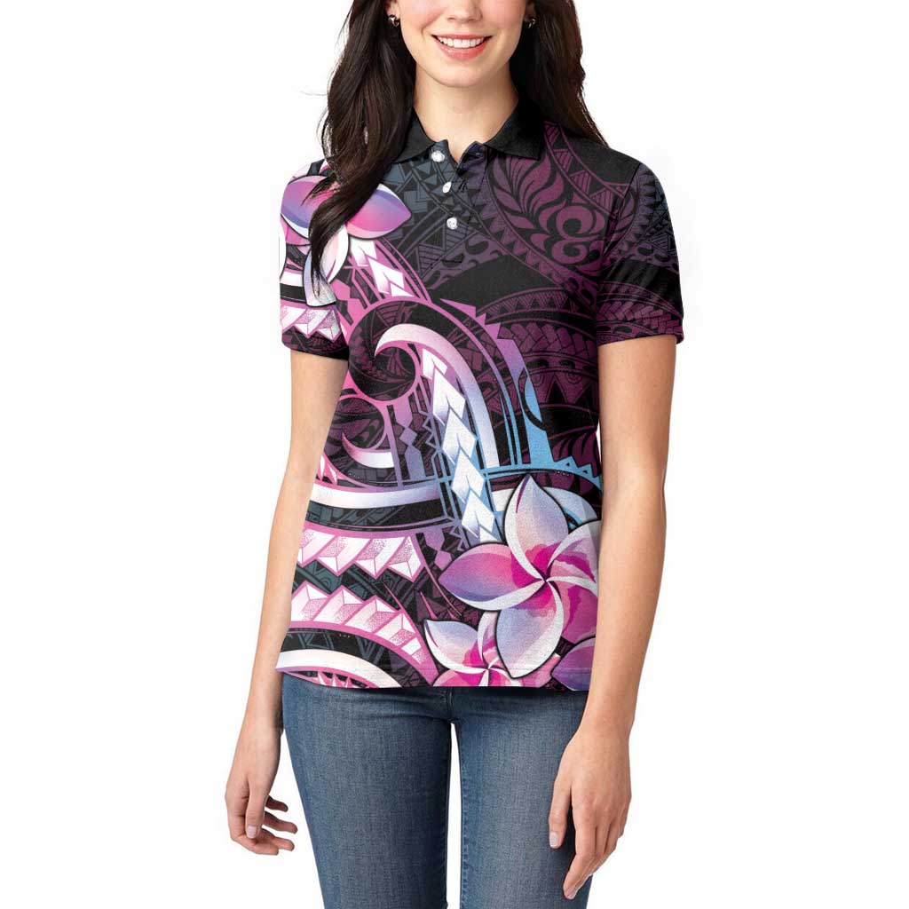 Polynesian Art Tattoo Women Polo Shirt Plumeria Flowers Pink Gradient LT05 - Polynesian Pride