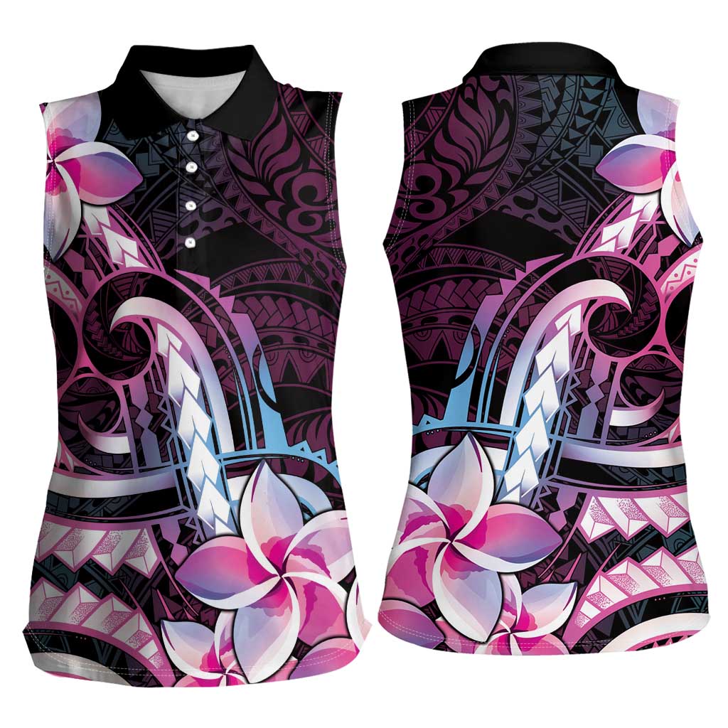 Polynesian Art Tattoo Women Sleeveless Polo Shirt Plumeria Flowers Pink Gradient