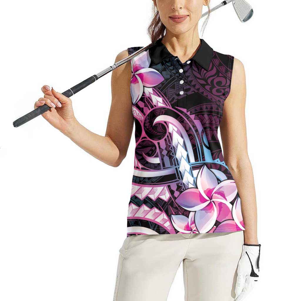 Polynesian Art Tattoo Women Sleeveless Polo Shirt Plumeria Flowers Pink Gradient
