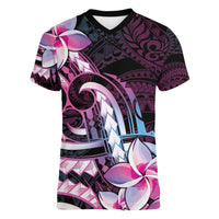 Polynesian Art Tattoo Women V-Neck T-Shirt Plumeria Flowers Pink Gradient LT05 Female Pink - Polynesian Pride