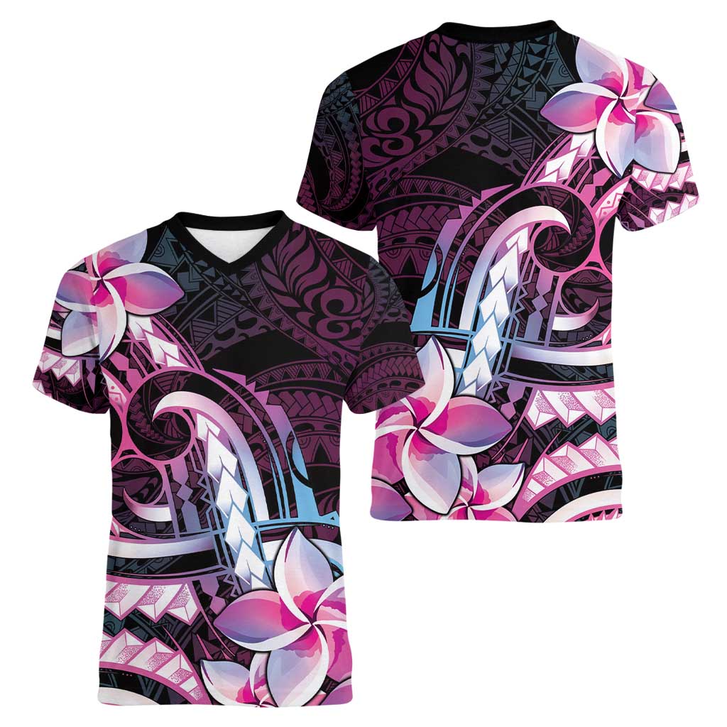 Polynesian Art Tattoo Women V-Neck T-Shirt Plumeria Flowers Pink Gradient LT05 - Polynesian Pride