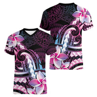 Polynesian Art Tattoo Women V-Neck T-Shirt Plumeria Flowers Pink Gradient LT05 - Polynesian Pride