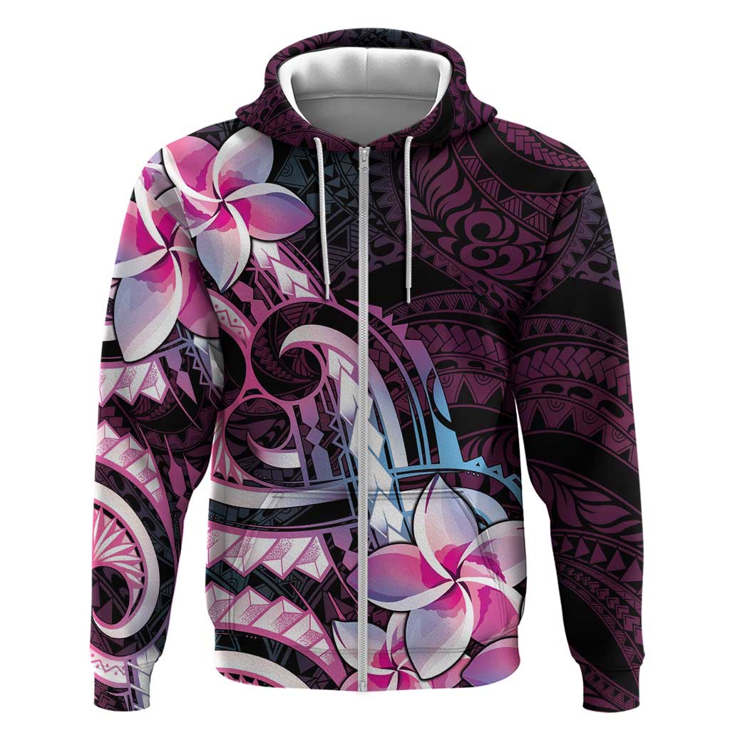 Polynesian Art Tattoo Zip Hoodie Plumeria Flowers Pink Gradient