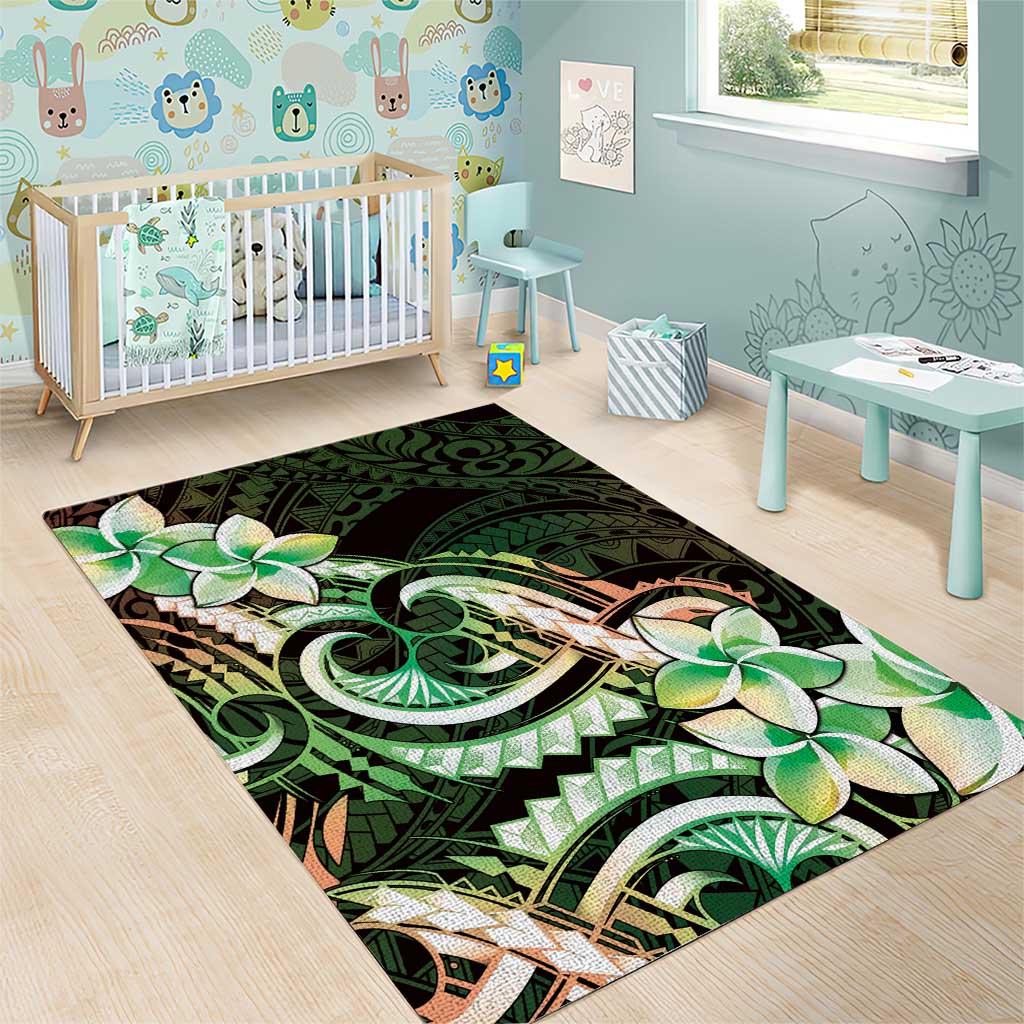 Polynesian Art Tattoo Area Rug Plumeria Flowers Green Gradient