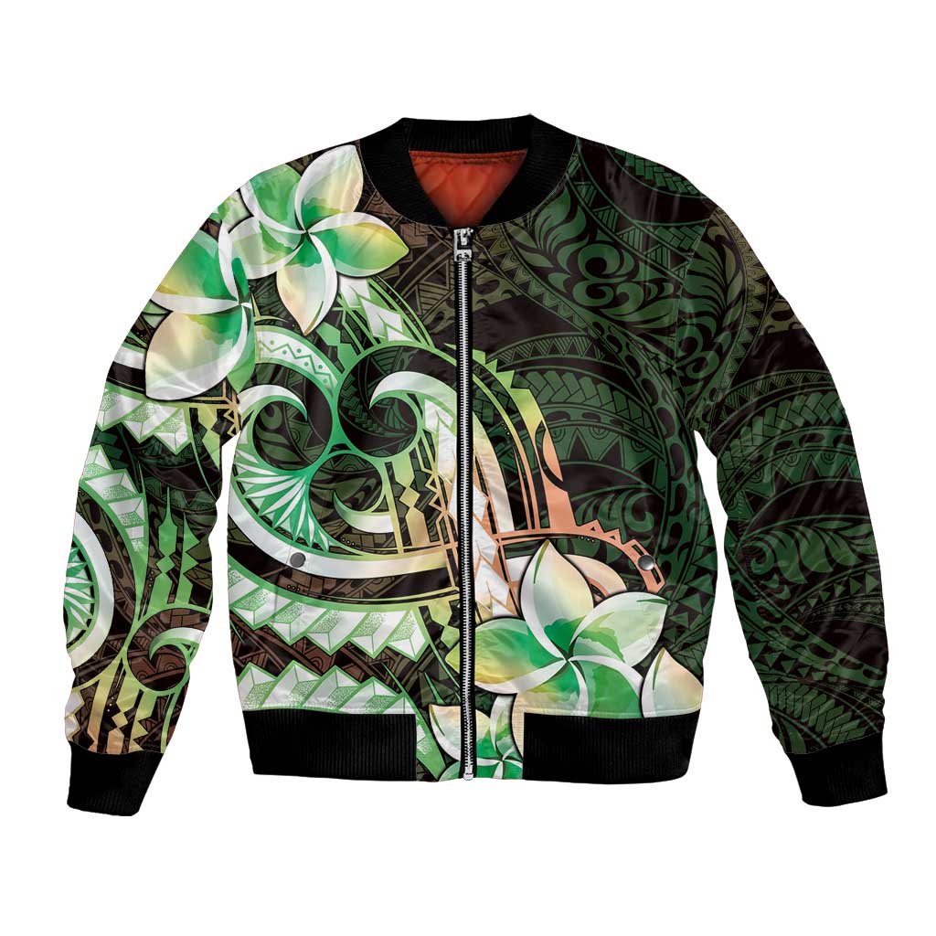Polynesian Art Tattoo Bomber Jacket Plumeria Flowers Green Gradient