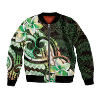 Polynesian Art Tattoo Bomber Jacket Plumeria Flowers Green Gradient