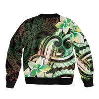 Polynesian Art Tattoo Bomber Jacket Plumeria Flowers Green Gradient