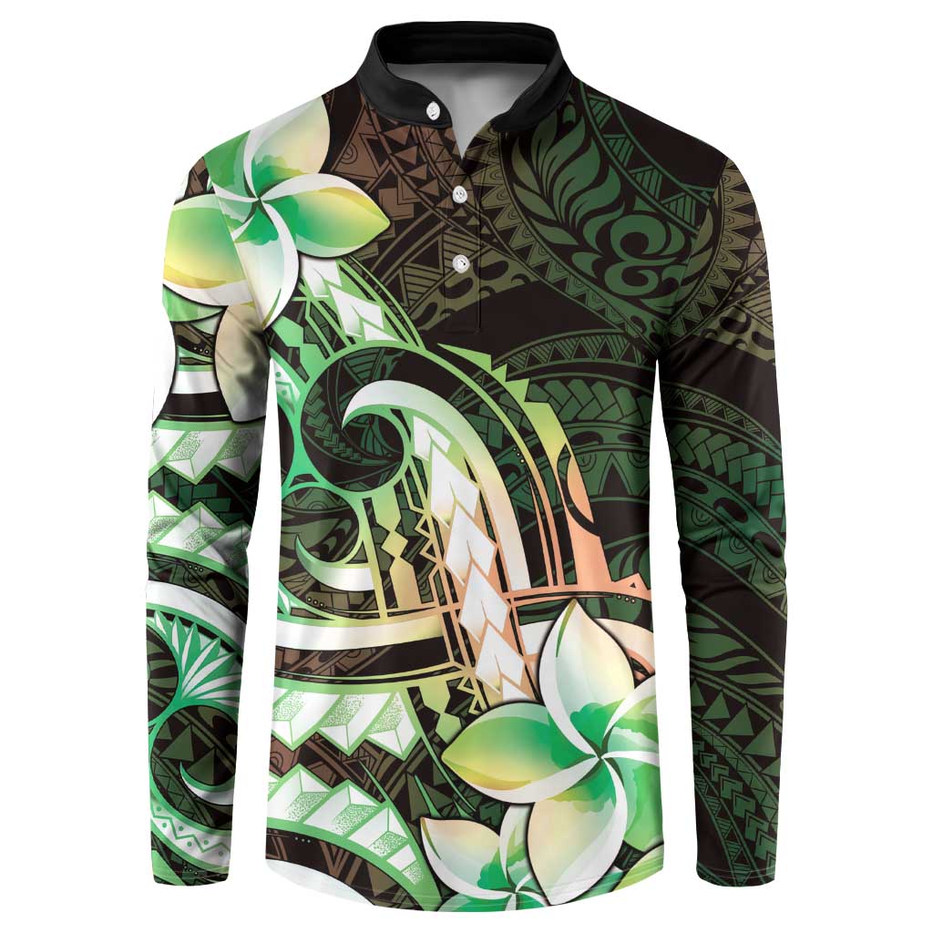 Polynesian Art Tattoo Button Sweatshirt Plumeria Flowers Green Gradient LT05 Green - Polynesian Pride