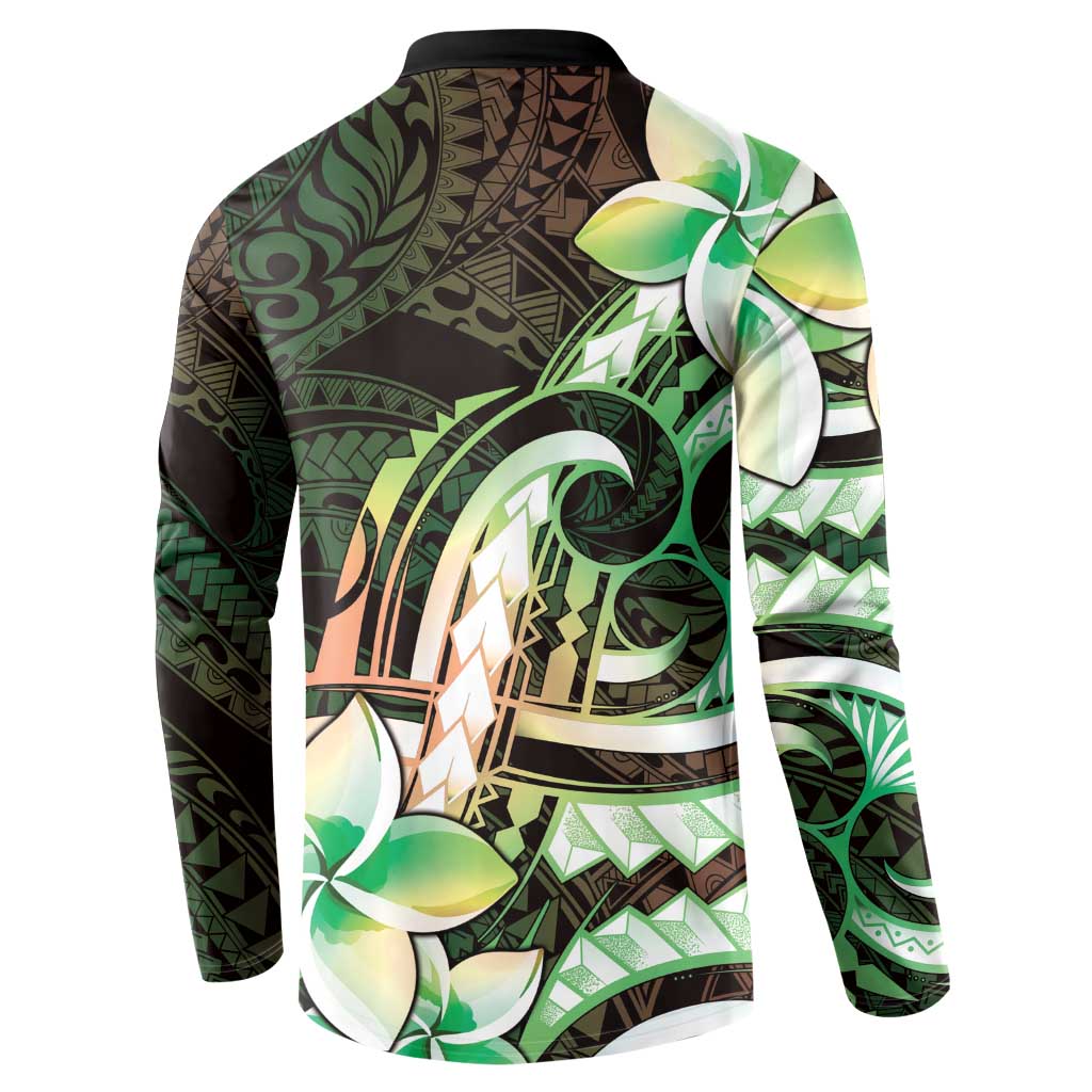 Polynesian Art Tattoo Button Sweatshirt Plumeria Flowers Green Gradient LT05 - Polynesian Pride
