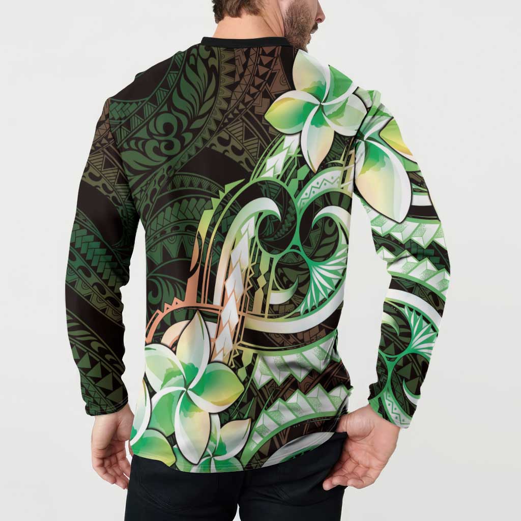 Polynesian Art Tattoo Button Sweatshirt Plumeria Flowers Green Gradient LT05 - Polynesian Pride