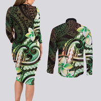 Polynesian Art Tattoo Couples Matching Long Sleeve Bodycon Dress and Long Sleeve Button Shirt Plumeria Flowers Green Gradient