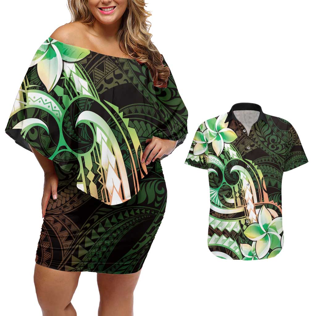 Polynesian Art Tattoo Couples Matching Off Shoulder Short Dress and Hawaiian Shirt Plumeria Flowers Green Gradient LT05 Green - Polynesian Pride
