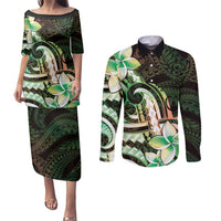 Polynesian Art Tattoo Couples Matching Puletasi and Long Sleeve Button Shirt Plumeria Flowers Green Gradient LT05 Green - Polynesian Pride