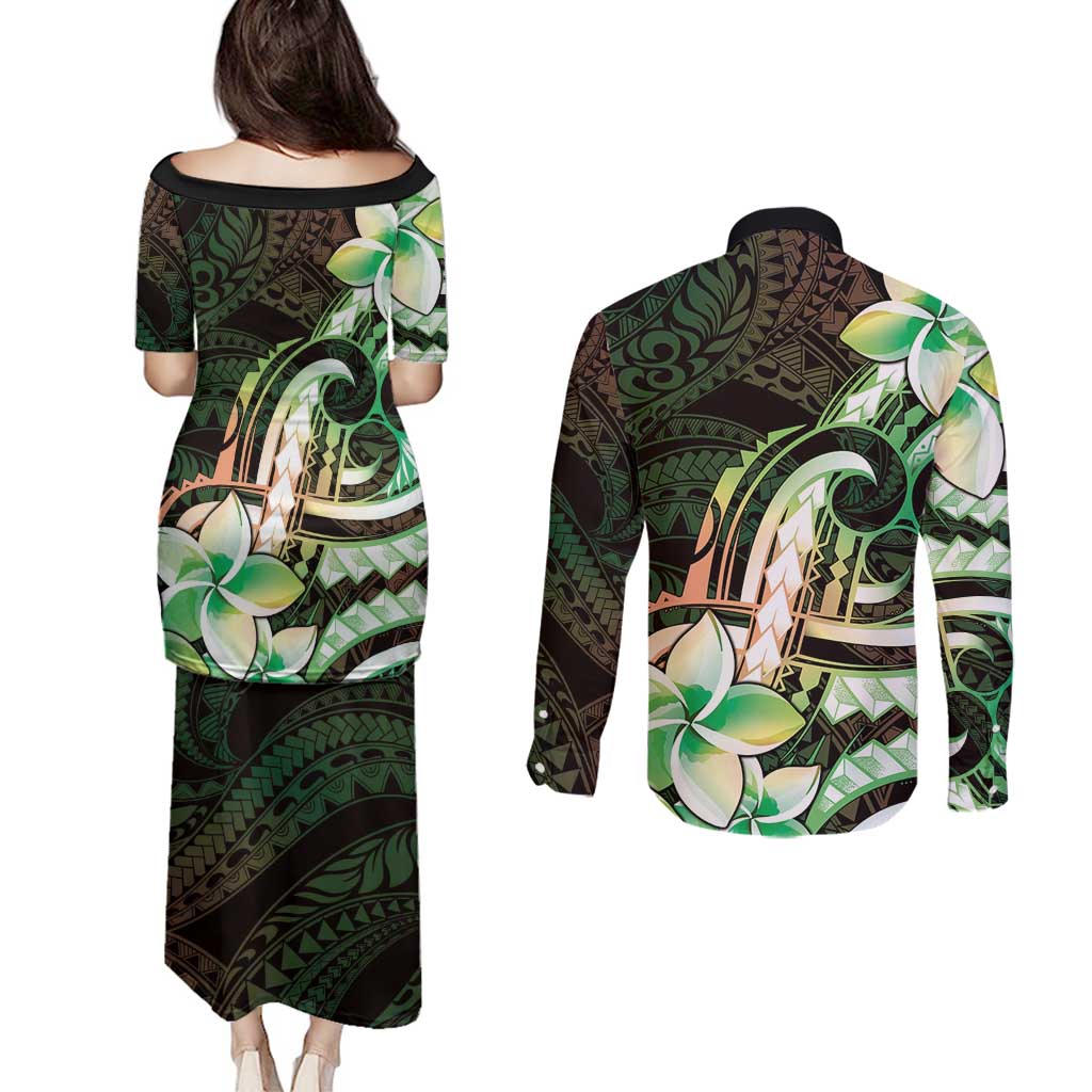 Polynesian Art Tattoo Couples Matching Puletasi and Long Sleeve Button Shirt Plumeria Flowers Green Gradient LT05 - Polynesian Pride