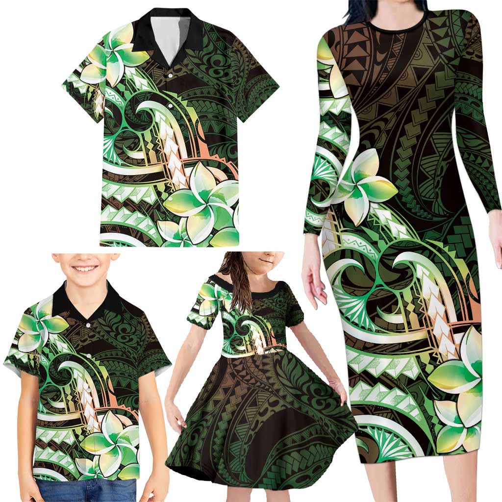 Polynesian Art Tattoo Family Matching Long Sleeve Bodycon Dress and Hawaiian Shirt Plumeria Flowers Green Gradient