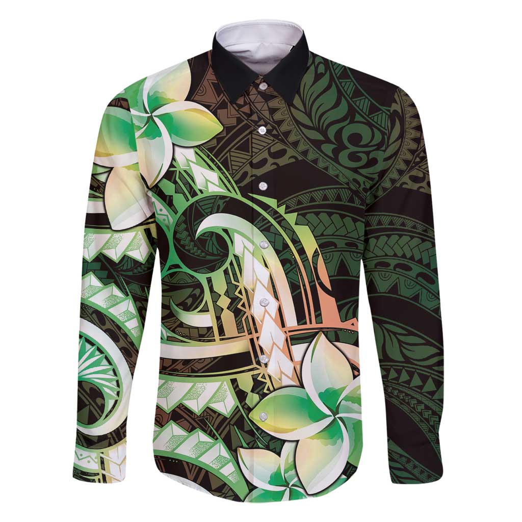 Polynesian Art Tattoo Family Matching Long Sleeve Bodycon Dress and Hawaiian Shirt Plumeria Flowers Green Gradient