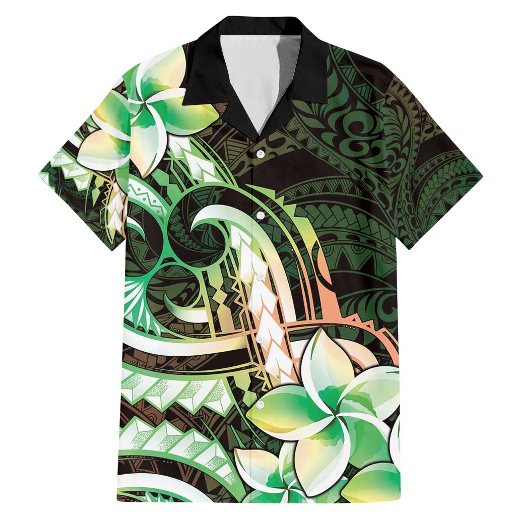 Polynesian Art Tattoo Family Matching Mermaid Dress and Hawaiian Shirt Plumeria Flowers Green Gradient
