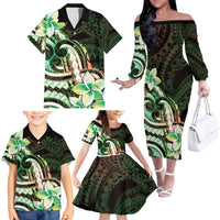 Polynesian Art Tattoo Family Matching Off The Shoulder Long Sleeve Dress and Hawaiian Shirt Plumeria Flowers Green Gradient