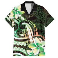Polynesian Art Tattoo Family Matching Off The Shoulder Long Sleeve Dress and Hawaiian Shirt Plumeria Flowers Green Gradient
