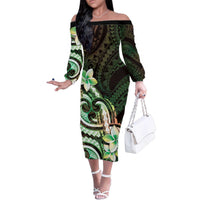 Polynesian Art Tattoo Family Matching Off The Shoulder Long Sleeve Dress and Hawaiian Shirt Plumeria Flowers Green Gradient