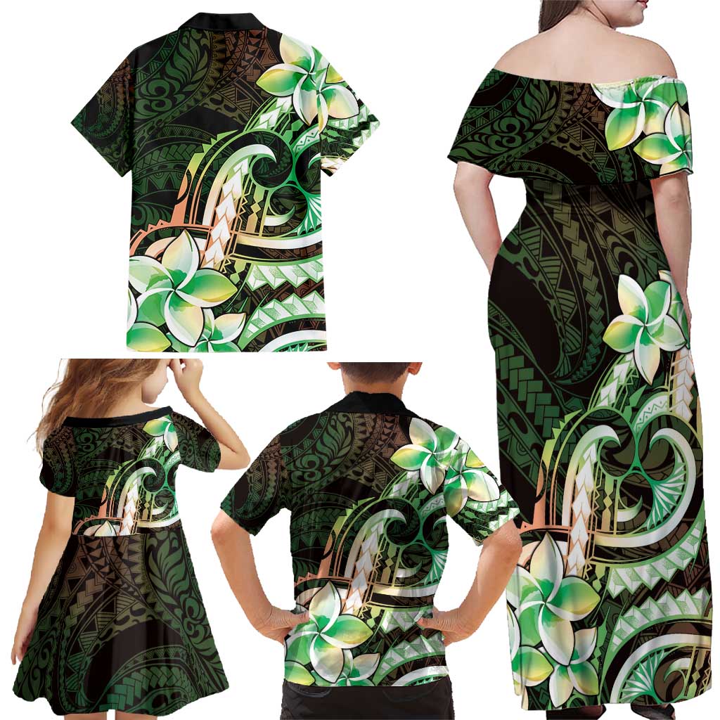 Polynesian Art Tattoo Family Matching Off Shoulder Maxi Dress and Hawaiian Shirt Plumeria Flowers Green Gradient