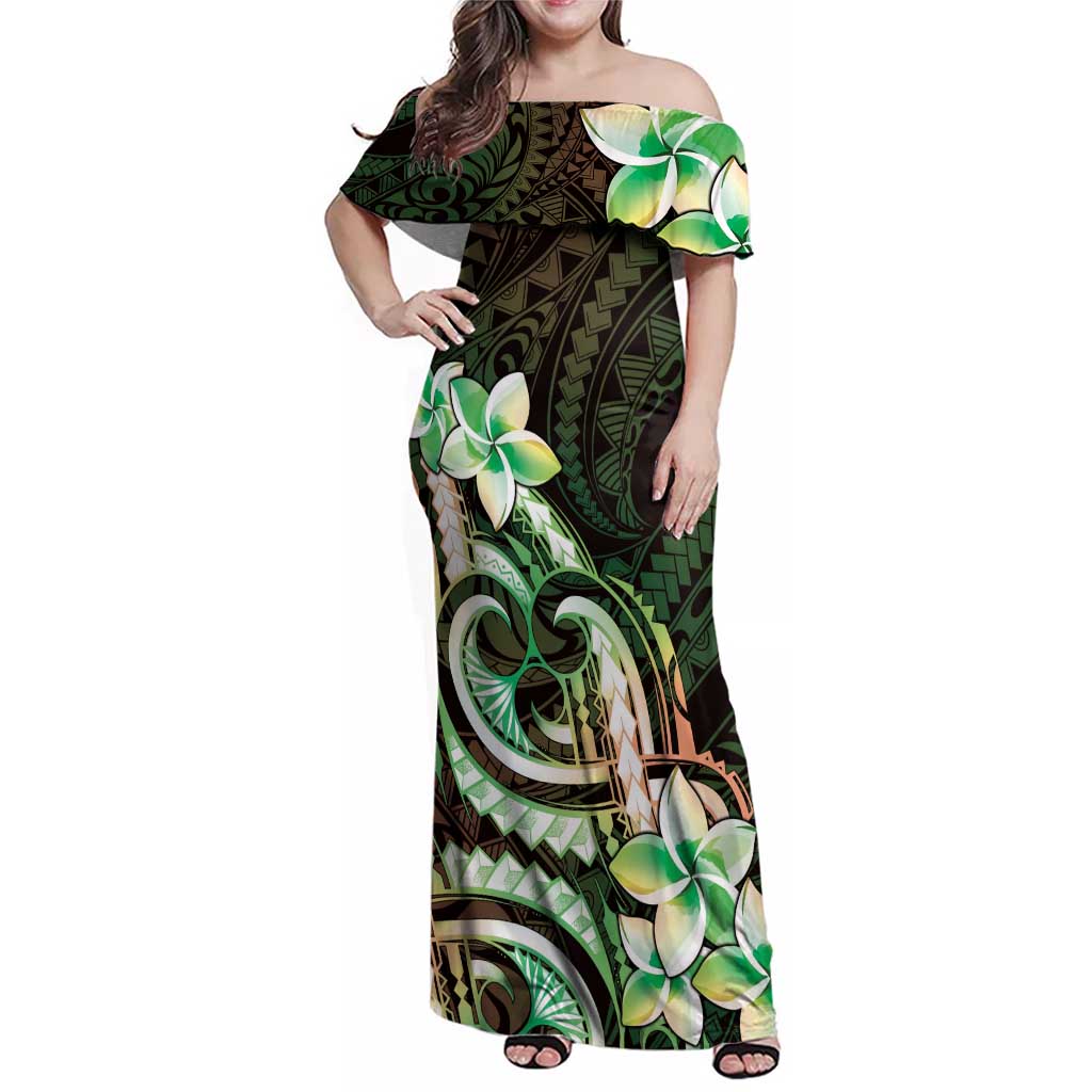 Polynesian Art Tattoo Family Matching Off Shoulder Maxi Dress and Hawaiian Shirt Plumeria Flowers Green Gradient