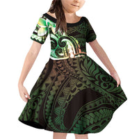 Polynesian Art Tattoo Family Matching Off Shoulder Short Dress and Hawaiian Shirt Plumeria Flowers Green Gradient