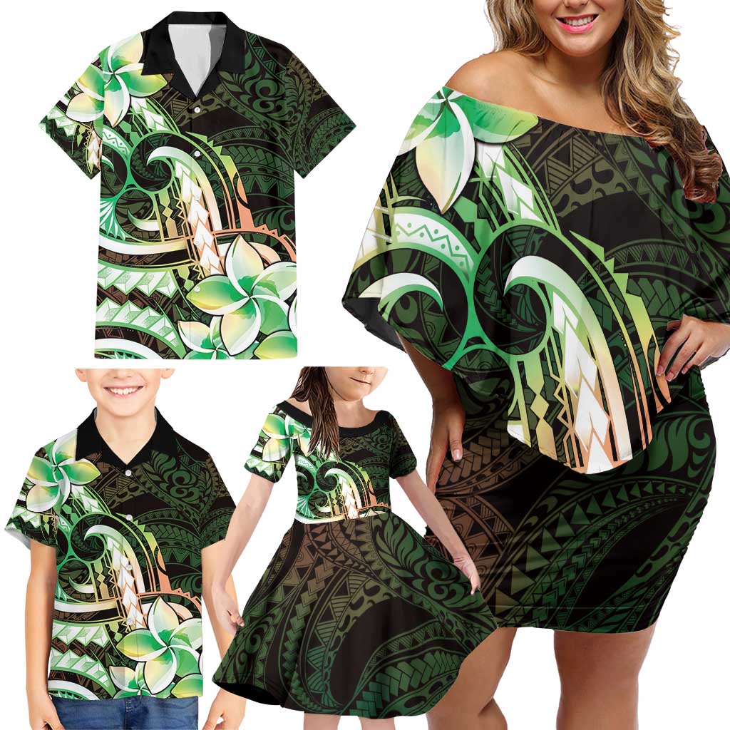 Polynesian Art Tattoo Family Matching Off Shoulder Short Dress and Hawaiian Shirt Plumeria Flowers Green Gradient