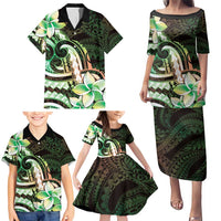 Polynesian Art Tattoo Family Matching Puletasi and Hawaiian Shirt Plumeria Flowers Green Gradient