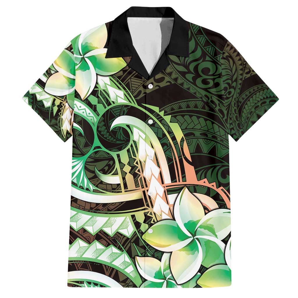 Polynesian Art Tattoo Family Matching Puletasi and Hawaiian Shirt Plumeria Flowers Green Gradient