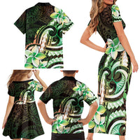 Polynesian Art Tattoo Family Matching Short Sleeve Bodycon Dress and Hawaiian Shirt Plumeria Flowers Green Gradient