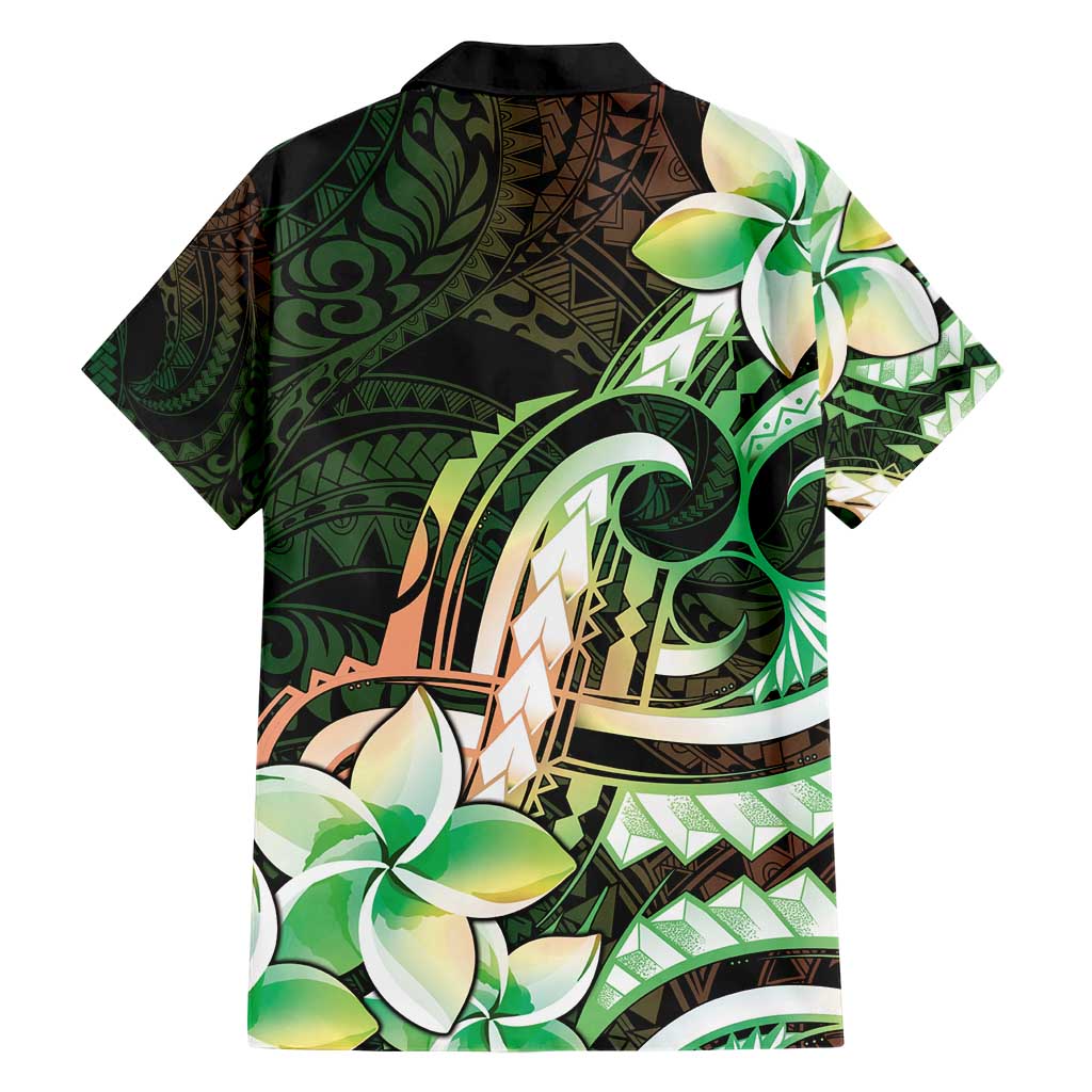 Polynesian Art Tattoo Family Matching Short Sleeve Bodycon Dress and Hawaiian Shirt Plumeria Flowers Green Gradient