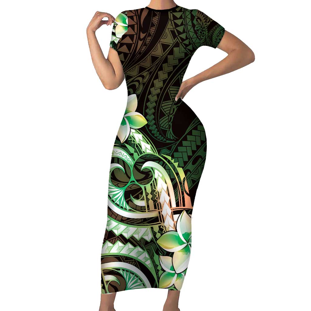Polynesian Art Tattoo Family Matching Short Sleeve Bodycon Dress and Hawaiian Shirt Plumeria Flowers Green Gradient