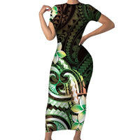 Polynesian Art Tattoo Family Matching Short Sleeve Bodycon Dress and Hawaiian Shirt Plumeria Flowers Green Gradient