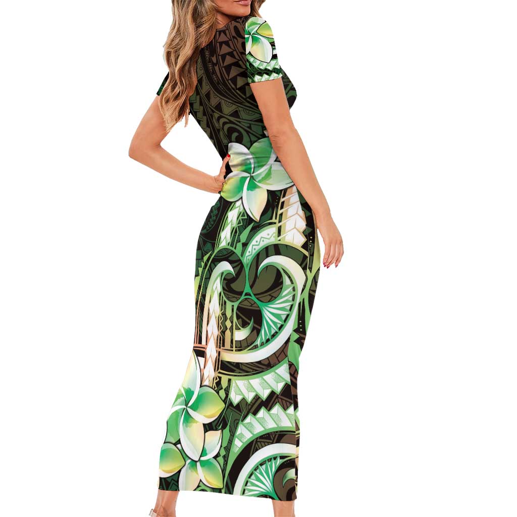 Polynesian Art Tattoo Family Matching Short Sleeve Bodycon Dress and Hawaiian Shirt Plumeria Flowers Green Gradient