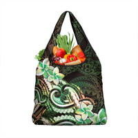 Polynesian Art Tattoo Grocery Bag Plumeria Flowers Green Gradient
